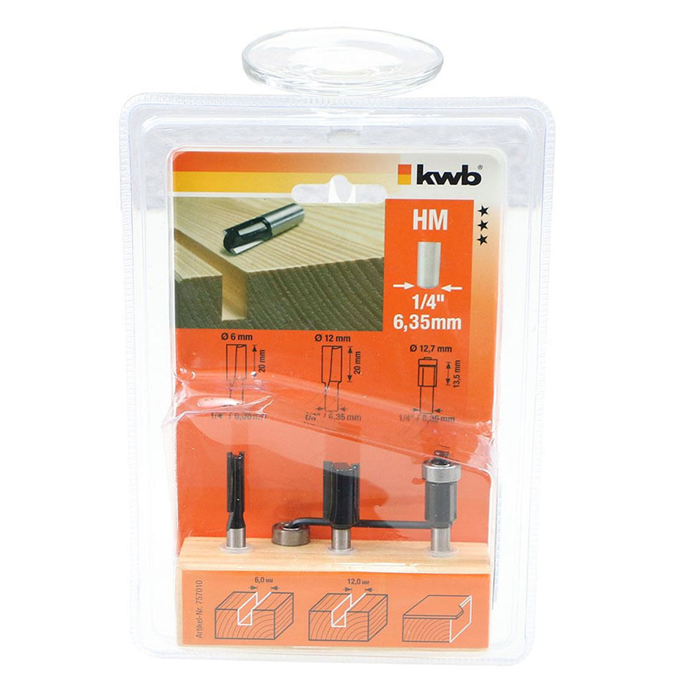 Set Fresas Rectas 6 Mm, 12 Mm y 1/4" Kwb