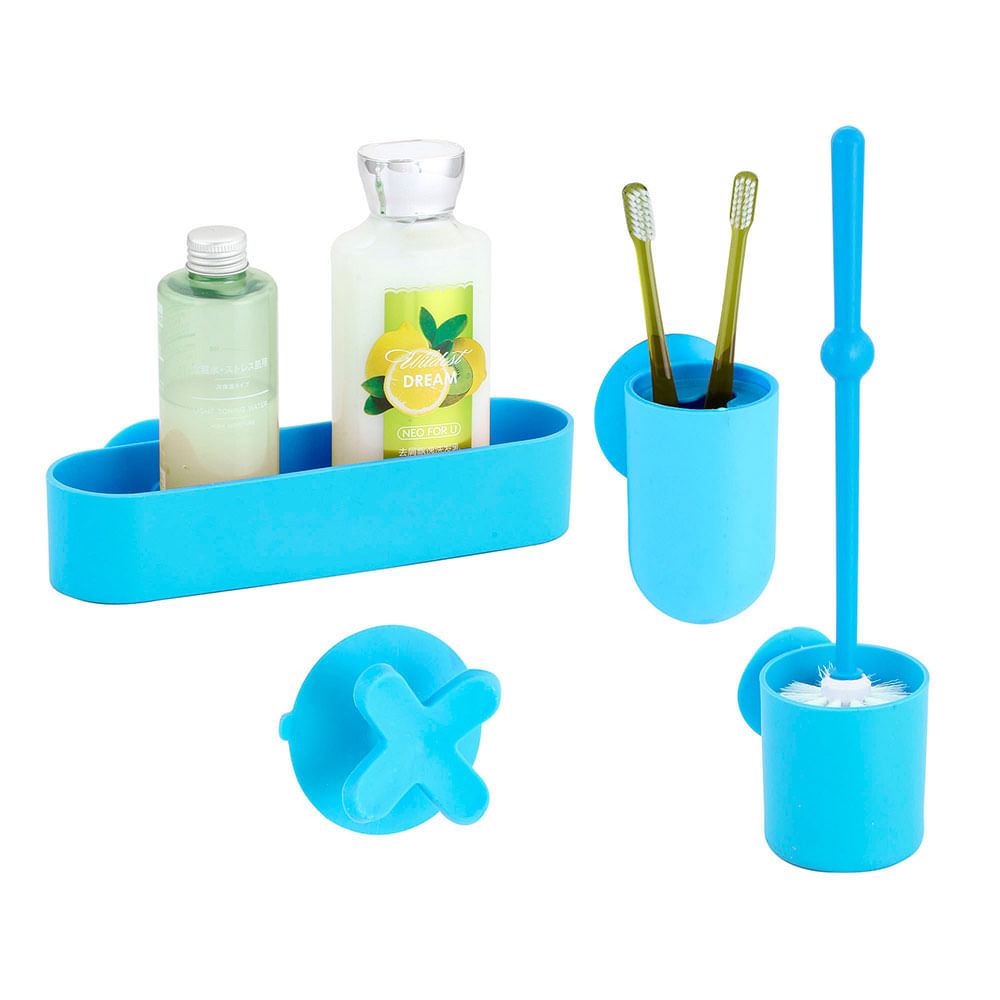 Set Organizador Baño con Succión 4 Piezas Azul Cotidiana