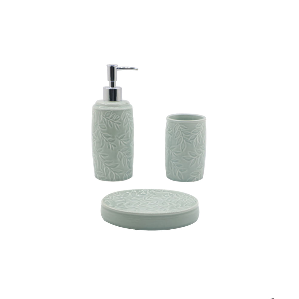Set de Baño Gres Azul 3 Piezas Hojas Cotidiana