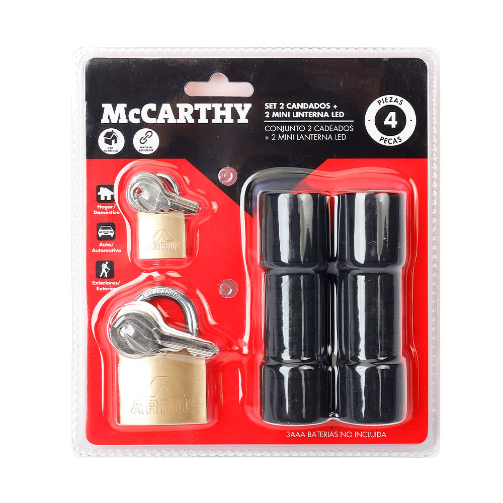 Set 2 Candados Acero 20-40 Mm Negro Mini Linterna Led McCarthy